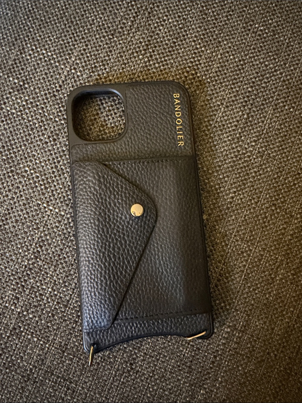 Bandolier Black Leather Phone Case with Card Pocket and Gold Accents 14 Plus